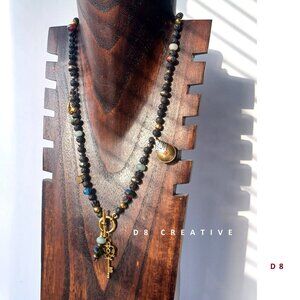 New men's lava rock stone with mixed gemstone pendant hand knotted necklace
